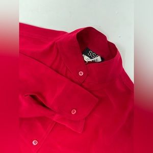 SSA red blouse thin flowy womens button down size 10 pockets GHR4.